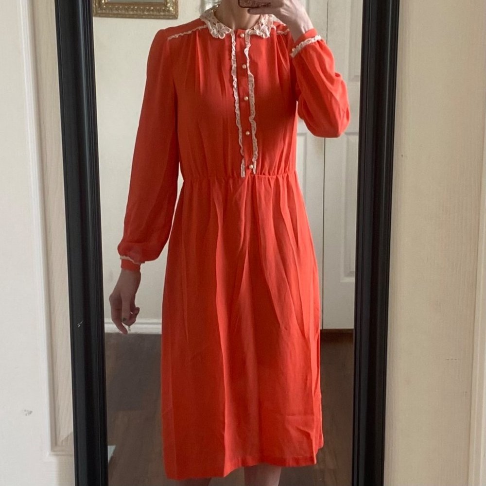 Vintage 1970s handmade orange ivory lace long sleeve a-line midi dress - Picture 2 of 7